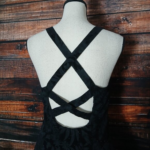 Vintage Nite Kraze Dress 9/10 Velvet Burnout Floral Glitter Cross Back LBD - Picture 5 of 10